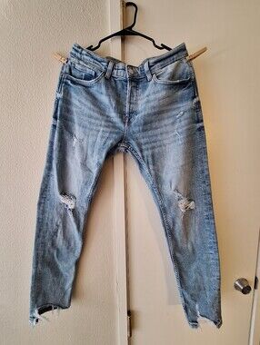 Zara Distressed Ripped Blue Jeans Mid Rise The Multidamage Skinny Sz 32